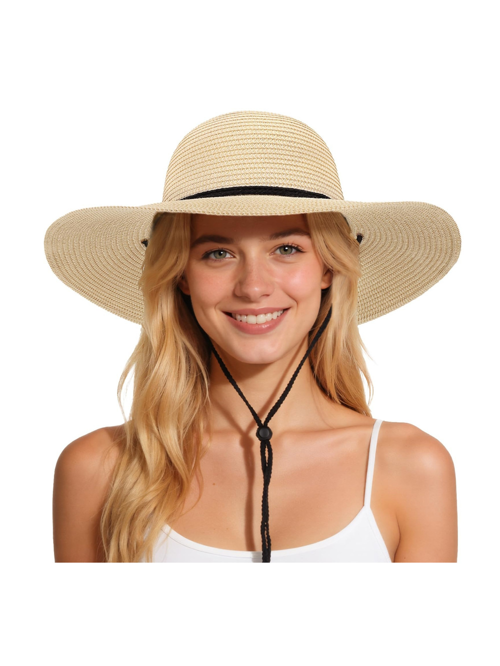 Sun Hats for Women, Summer Wide Brim Straw Beach Hat | Beige Khaki | Size L